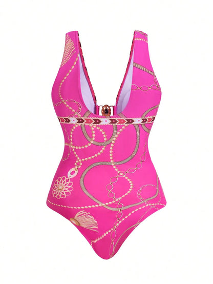 Swim Oasis 2pcs Plus Size Women Digitally Printed Sleeveless Swimsuit Set With One-Piece Tie-Front Mini Skirt, Suitable For Beach And Vacation For Summer