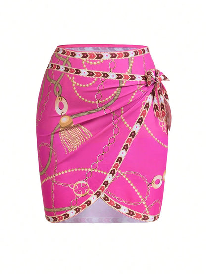 Swim Oasis 2pcs Plus Size Women Digitally Printed Sleeveless Swimsuit Set With One-Piece Tie-Front Mini Skirt, Suitable For Beach And Vacation For Summer