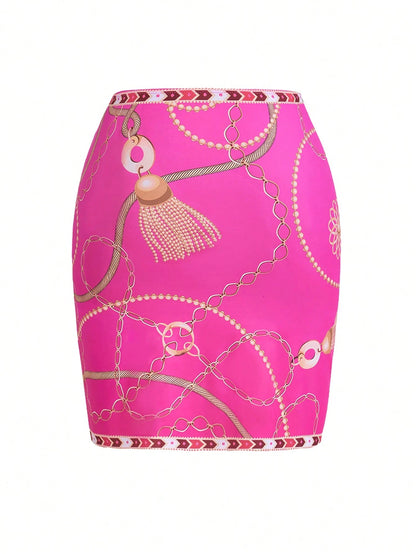 Swim Oasis 2pcs Plus Size Women Digitally Printed Sleeveless Swimsuit Set With One-Piece Tie-Front Mini Skirt, Suitable For Beach And Vacation For Summer