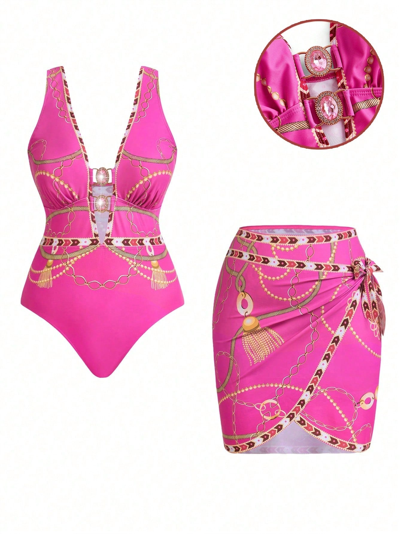 Swim Oasis 2pcs Plus Size Women Digitally Printed Sleeveless Swimsuit Set With One-Piece Tie-Front Mini Skirt, Suitable For Beach And Vacation For Summer