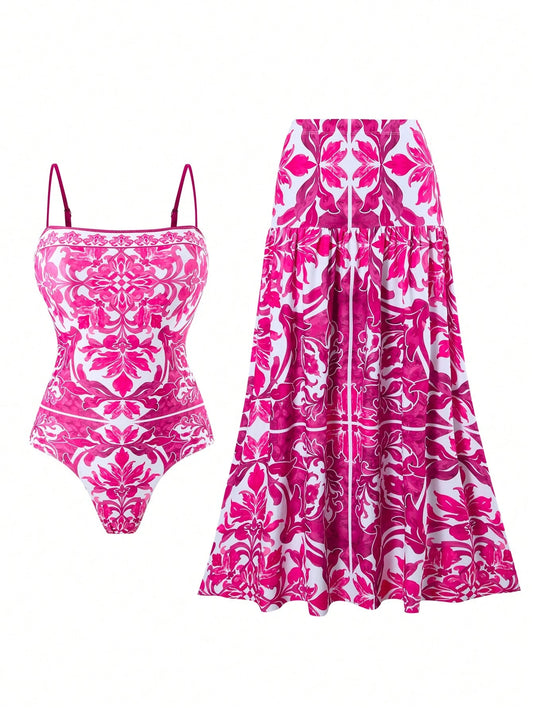 Swim Oasis New Summer Random Floral Print Spaghetti Strap Swimsuit With Ruffle Trim Beach Skirt High-End Beach Resort 2 Pieces Outfit