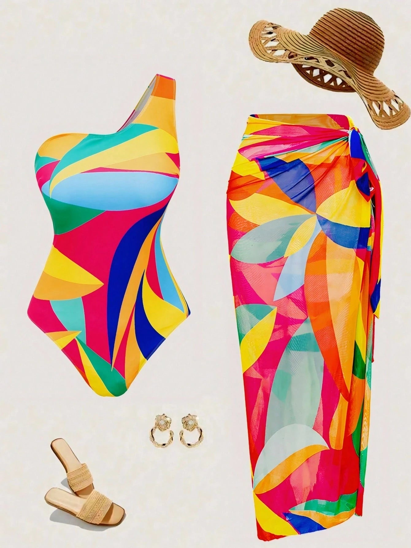 Swim Oasis Plus Size Women 2pcs Floral Print Thick Strap Monokini Swimsuit With Mesh Maxi Skirt, Vacation Swimwear