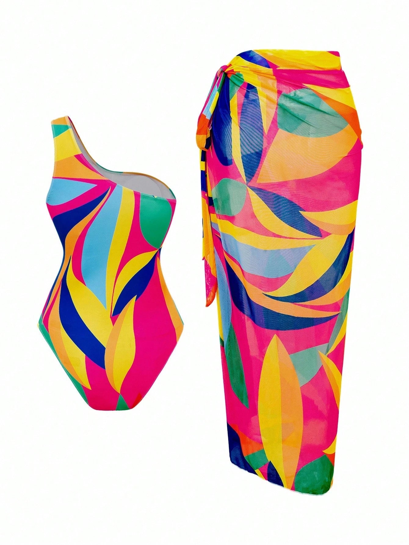 Swim Oasis Plus Size Women 2pcs Floral Print Thick Strap Monokini Swimsuit With Mesh Maxi Skirt, Vacation Swimwear