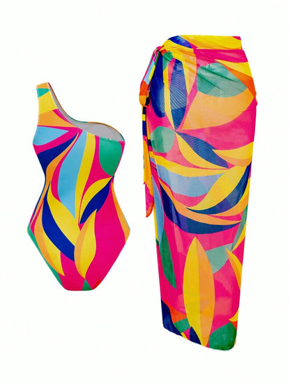 Swim Oasis Plus Size Women 2pcs Floral Print Thick Strap Monokini Swimsuit With Mesh Maxi Skirt, Vacation Swimwear