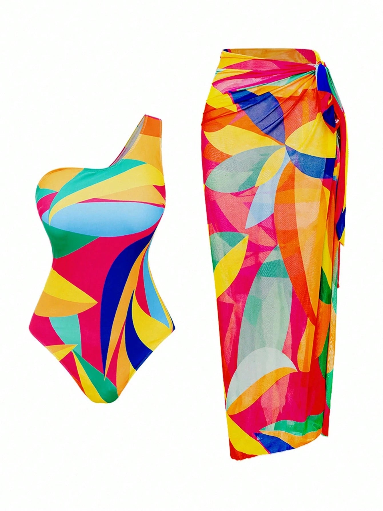 Swim Oasis Plus Size Women 2pcs Floral Print Thick Strap Monokini Swimsuit With Mesh Maxi Skirt, Vacation Swimwear