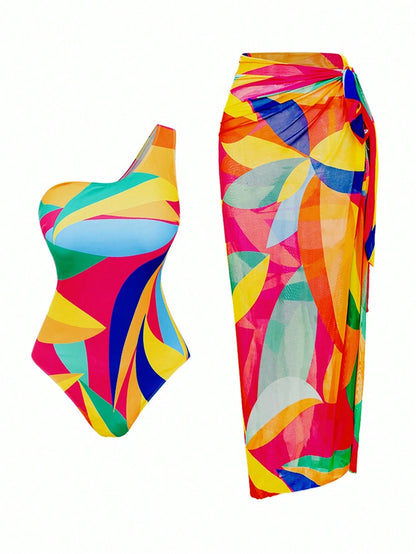 Swim Oasis Plus Size Women 2pcs Floral Print Thick Strap Monokini Swimsuit With Mesh Maxi Skirt, Vacation Swimwear