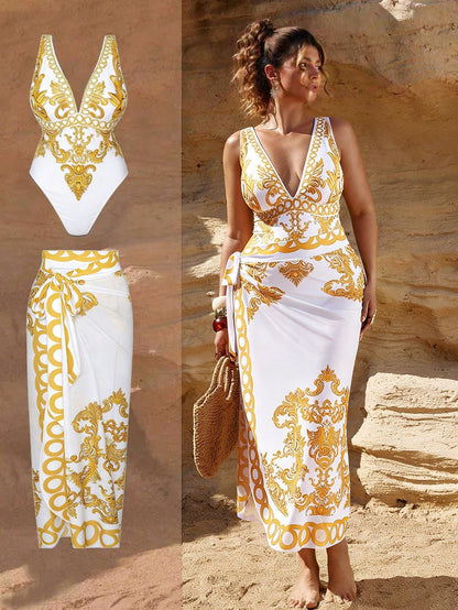 Swim Oasis Plus Size Women's 2-Piece Set,White Summer Tropical Beach Holiday Deep V-Neck One-Piece Swimsuit & Semi-Sheer Mesh Long Skirt Elegant Outfit