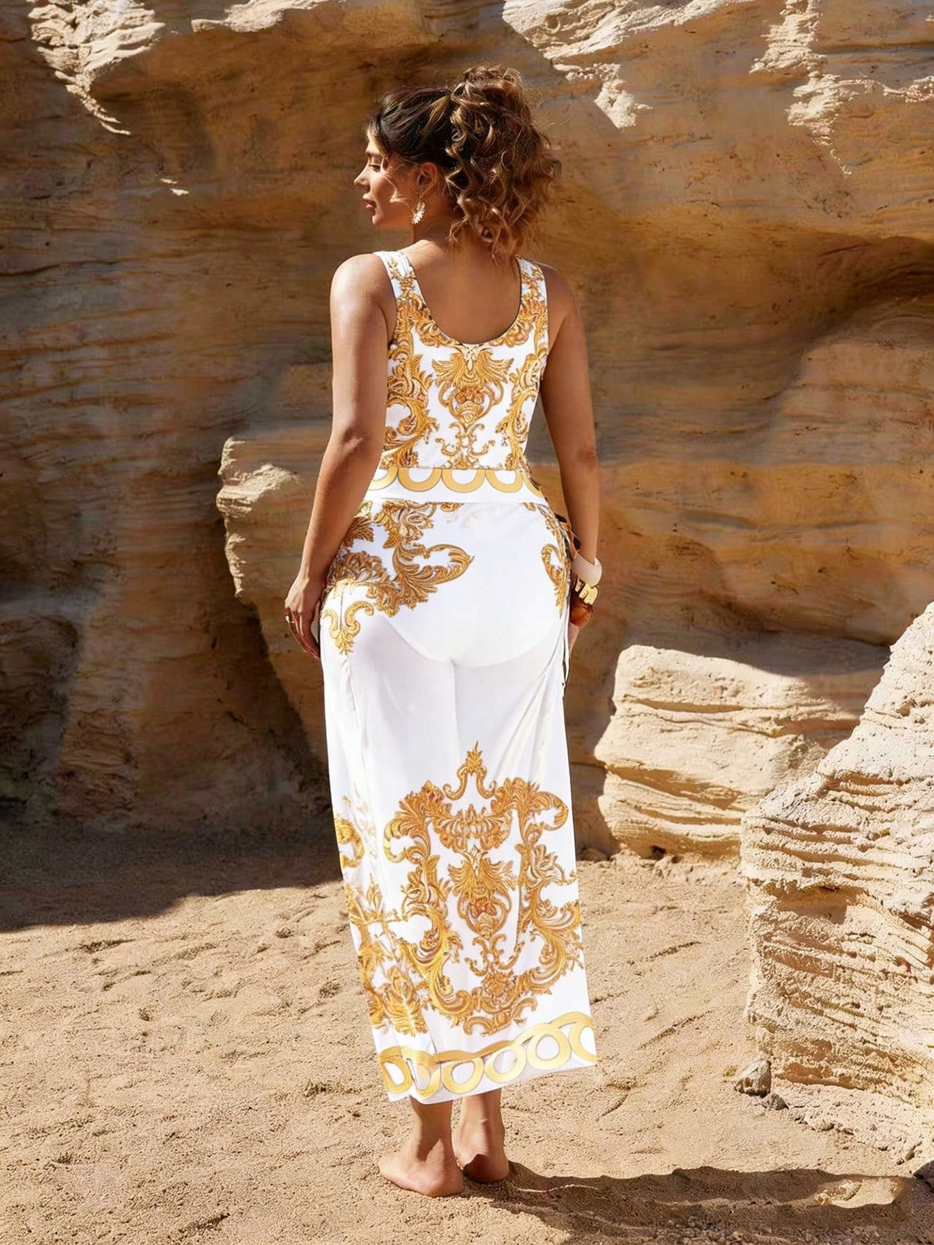 Swim Oasis Plus Size Women's 2-Piece Set,White Summer Tropical Beach Holiday Deep V-Neck One-Piece Swimsuit & Semi-Sheer Mesh Long Skirt Elegant Outfit