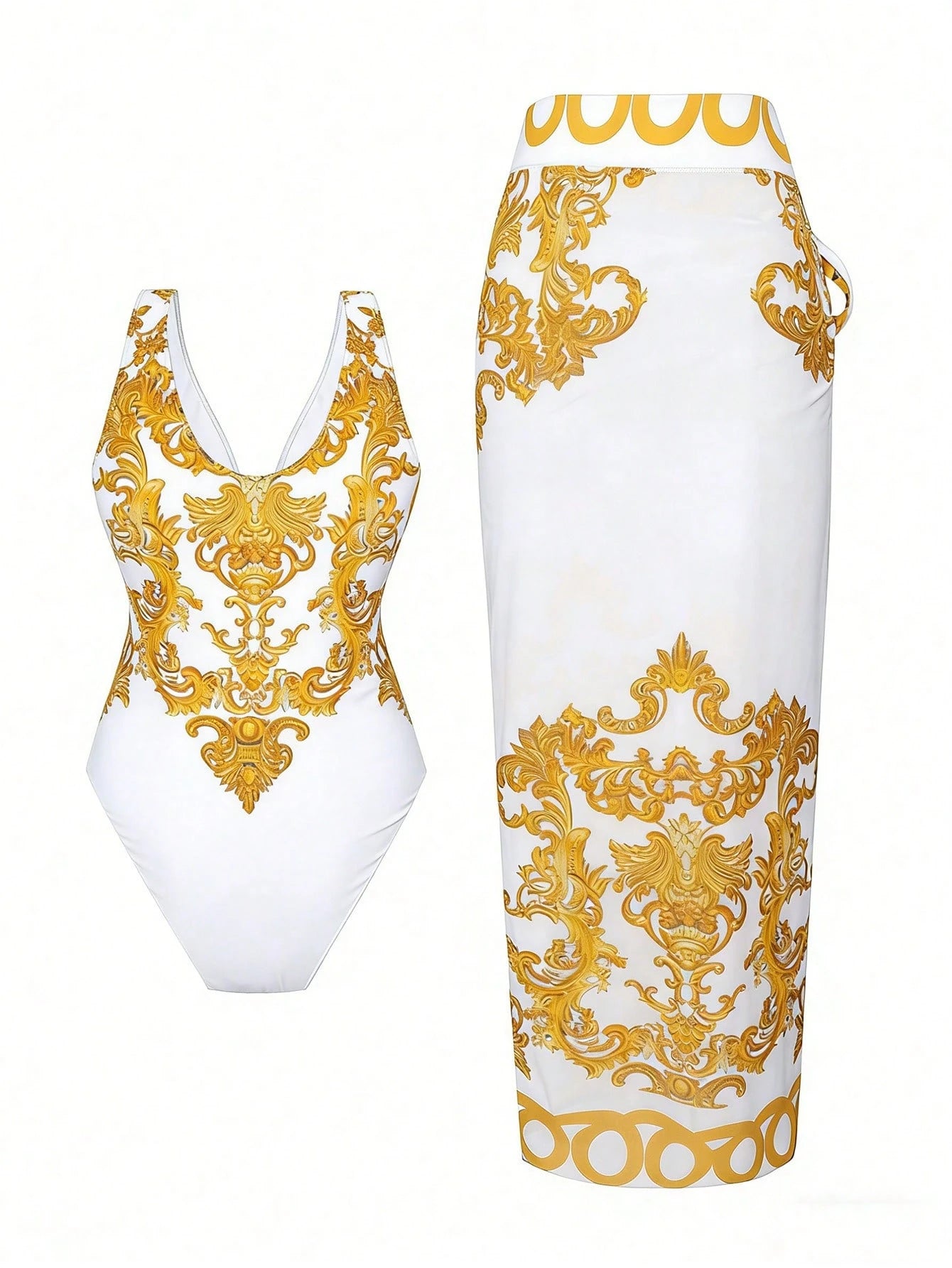 Swim Oasis Plus Size Women's 2-Piece Set,White Summer Tropical Beach Holiday Deep V-Neck One-Piece Swimsuit & Semi-Sheer Mesh Long Skirt Elegant Outfit