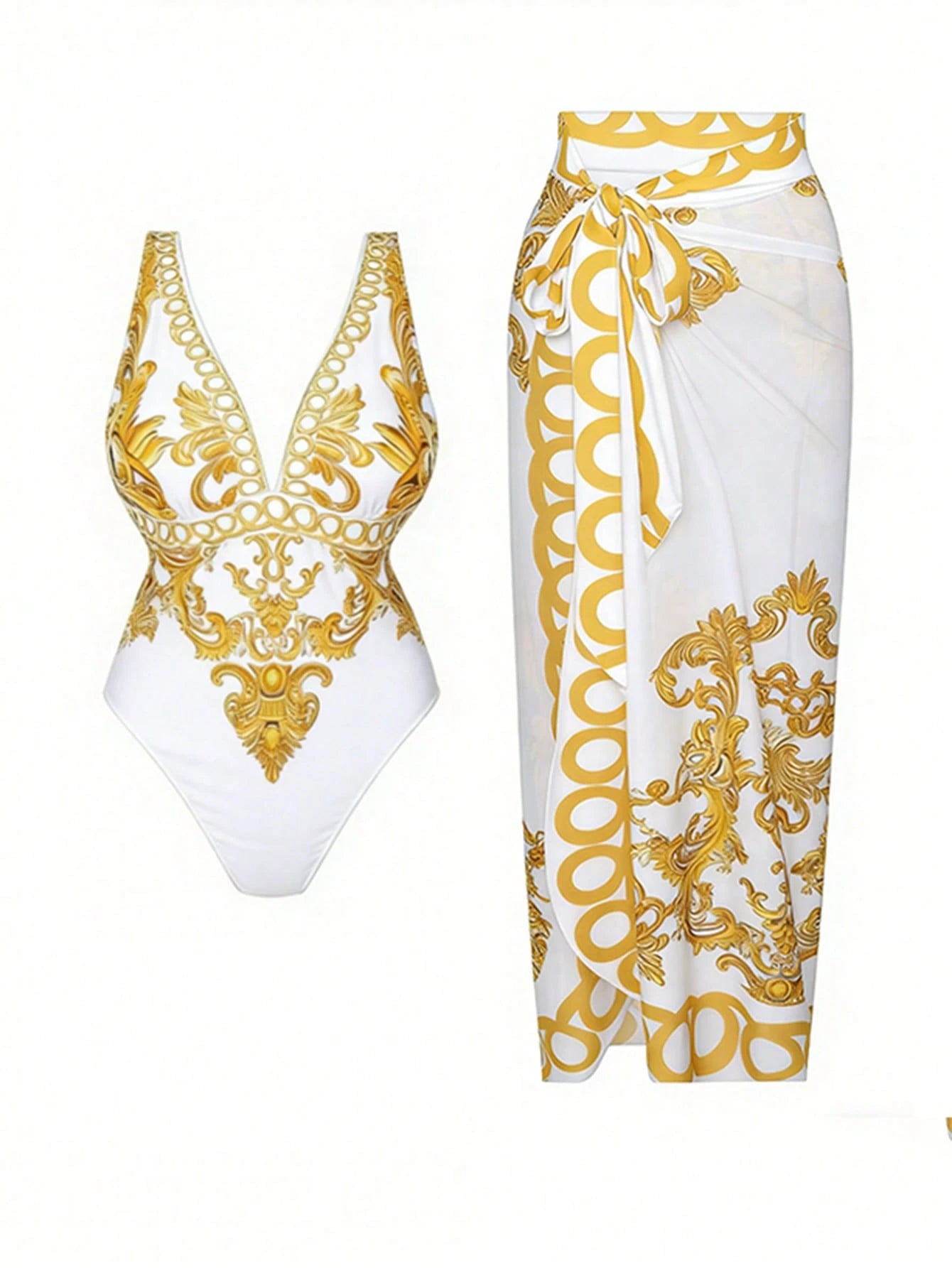 Swim Oasis Plus Size Women's 2-Piece Set,White Summer Tropical Beach Holiday Deep V-Neck One-Piece Swimsuit & Semi-Sheer Mesh Long Skirt Elegant Outfit