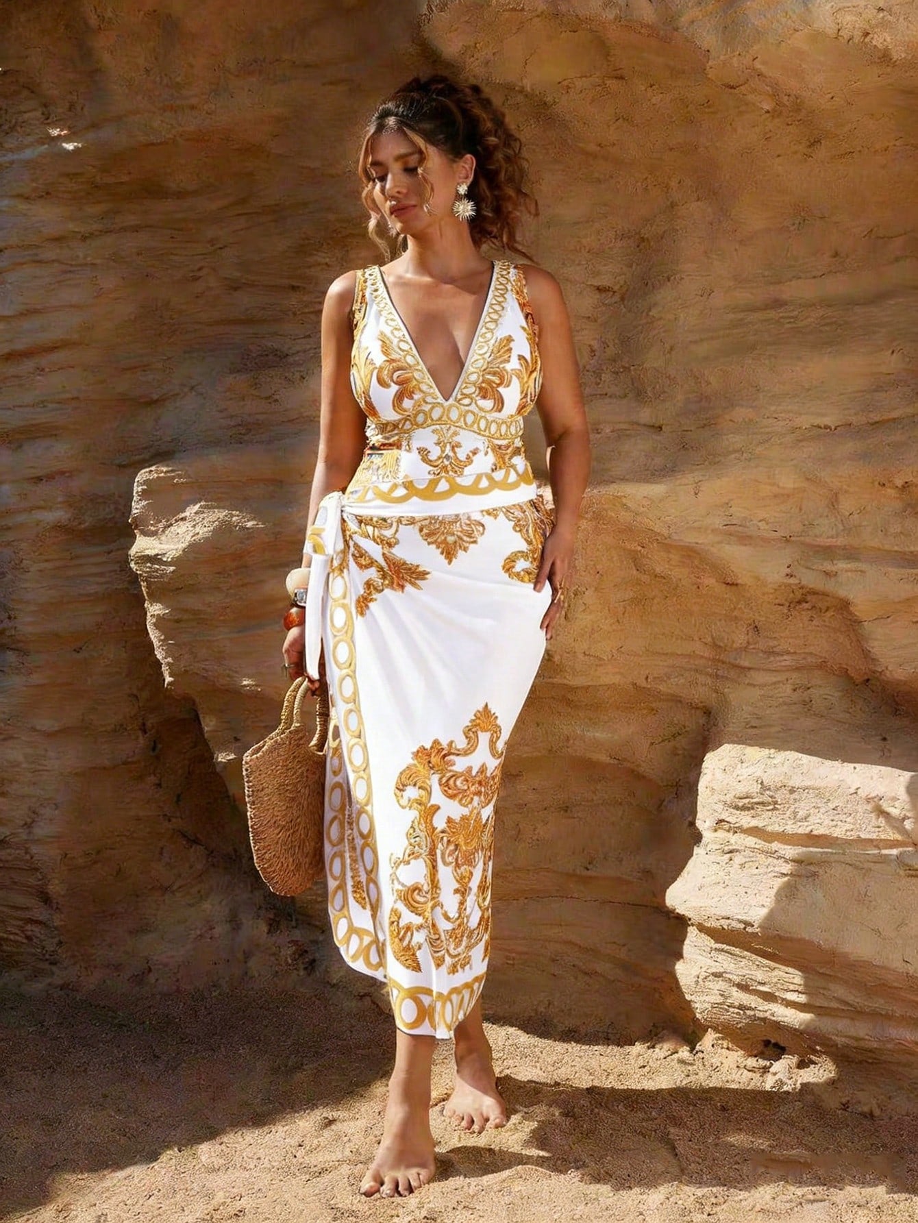 Swim Oasis Plus Size Women's 2-Piece Set,White Summer Tropical Beach Holiday Deep V-Neck One-Piece Swimsuit & Semi-Sheer Mesh Long Skirt Elegant Outfit