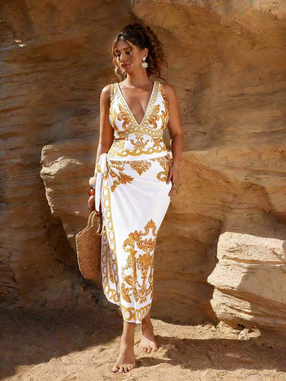 Swim Oasis Plus Size Women's 2-Piece Set,White Summer Tropical Beach Holiday Deep V-Neck One-Piece Swimsuit & Semi-Sheer Mesh Long Skirt Elegant Outfit