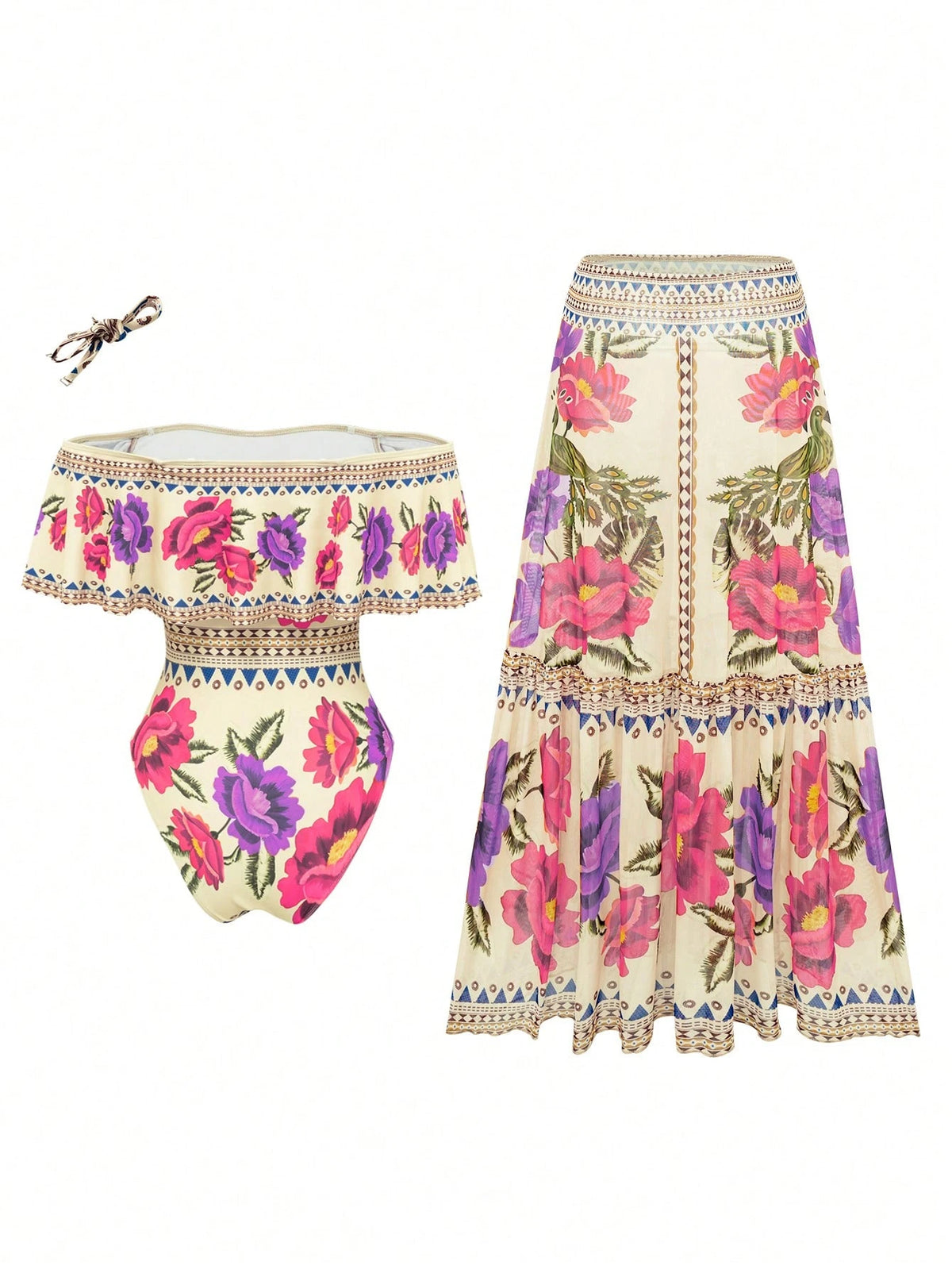 Swim Oasis Women's Elegant Vintage Off-Shoulder Detachable Strap + Printed Mesh Pleated Skirt, Spring/Summer