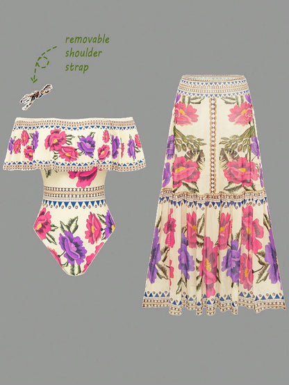 Swim Oasis Women's Elegant Vintage Off-Shoulder Detachable Strap + Printed Mesh Pleated Skirt, Spring/Summer