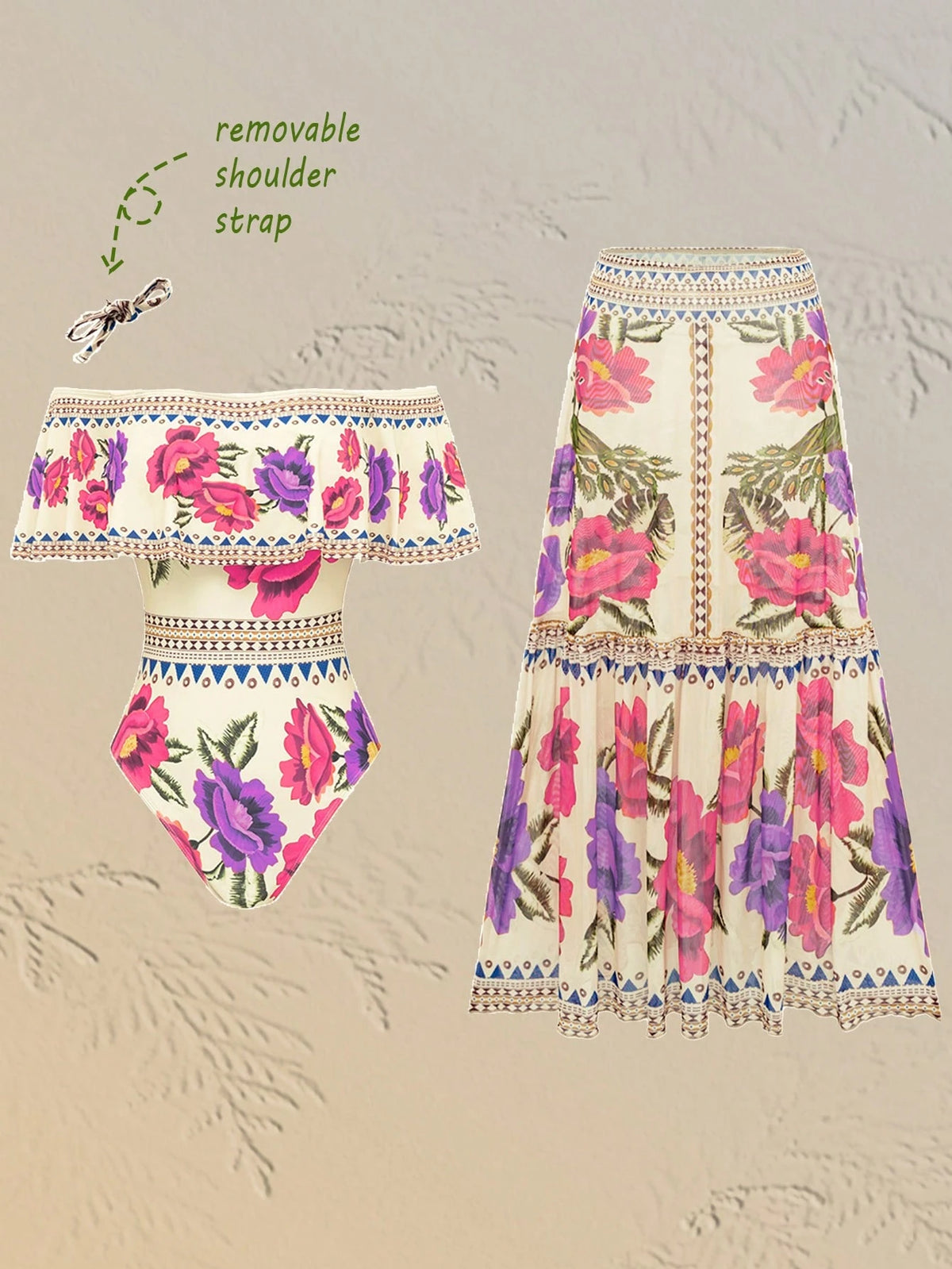 Swim Oasis Women's Elegant Vintage Off-Shoulder Detachable Strap + Printed Mesh Pleated Skirt, Spring/Summer