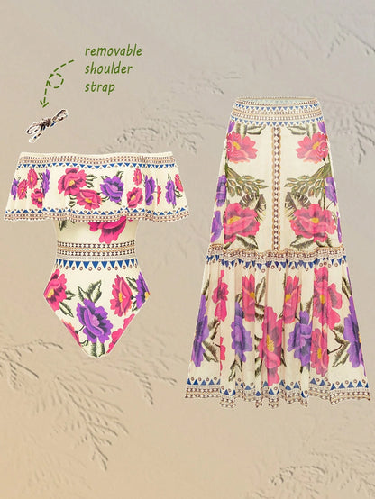 Swim Oasis Women's Elegant Vintage Off-Shoulder Detachable Strap + Printed Mesh Pleated Skirt, Spring/Summer