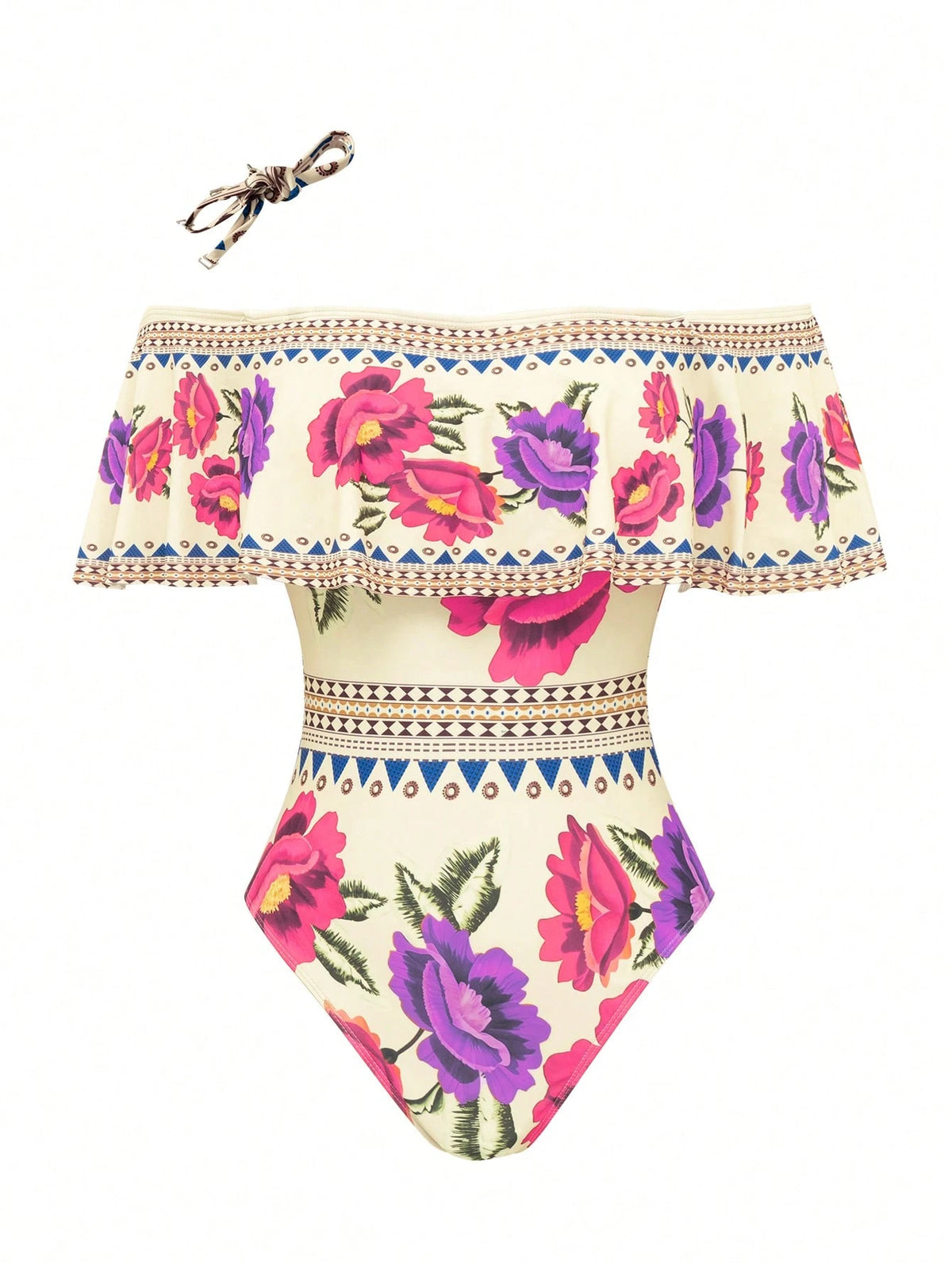 Swim Oasis Women's Elegant Vintage Off-Shoulder Detachable Strap + Printed Mesh Pleated Skirt, Spring/Summer