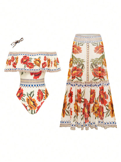 Swim Oasis Women's Elegant Vintage Off-Shoulder Detachable Strap + Printed Mesh Pleated Skirt, Spring/Summer