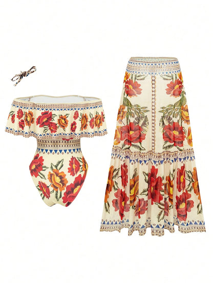 Swim Oasis Women's Elegant Vintage Off-Shoulder Detachable Strap + Printed Mesh Pleated Skirt, Spring/Summer