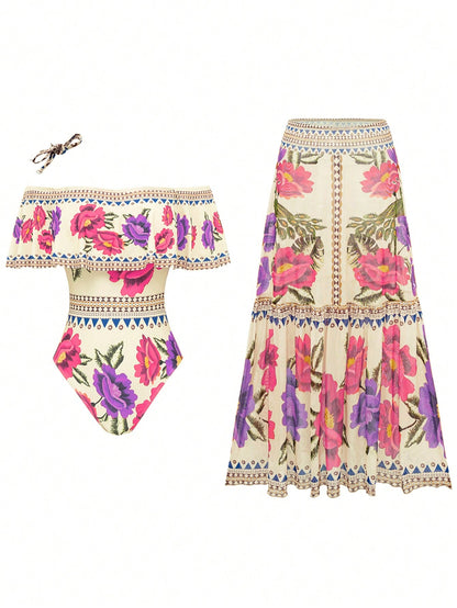 Swim Oasis Women's Elegant Vintage Off-Shoulder Detachable Strap + Printed Mesh Pleated Skirt, Spring/Summer