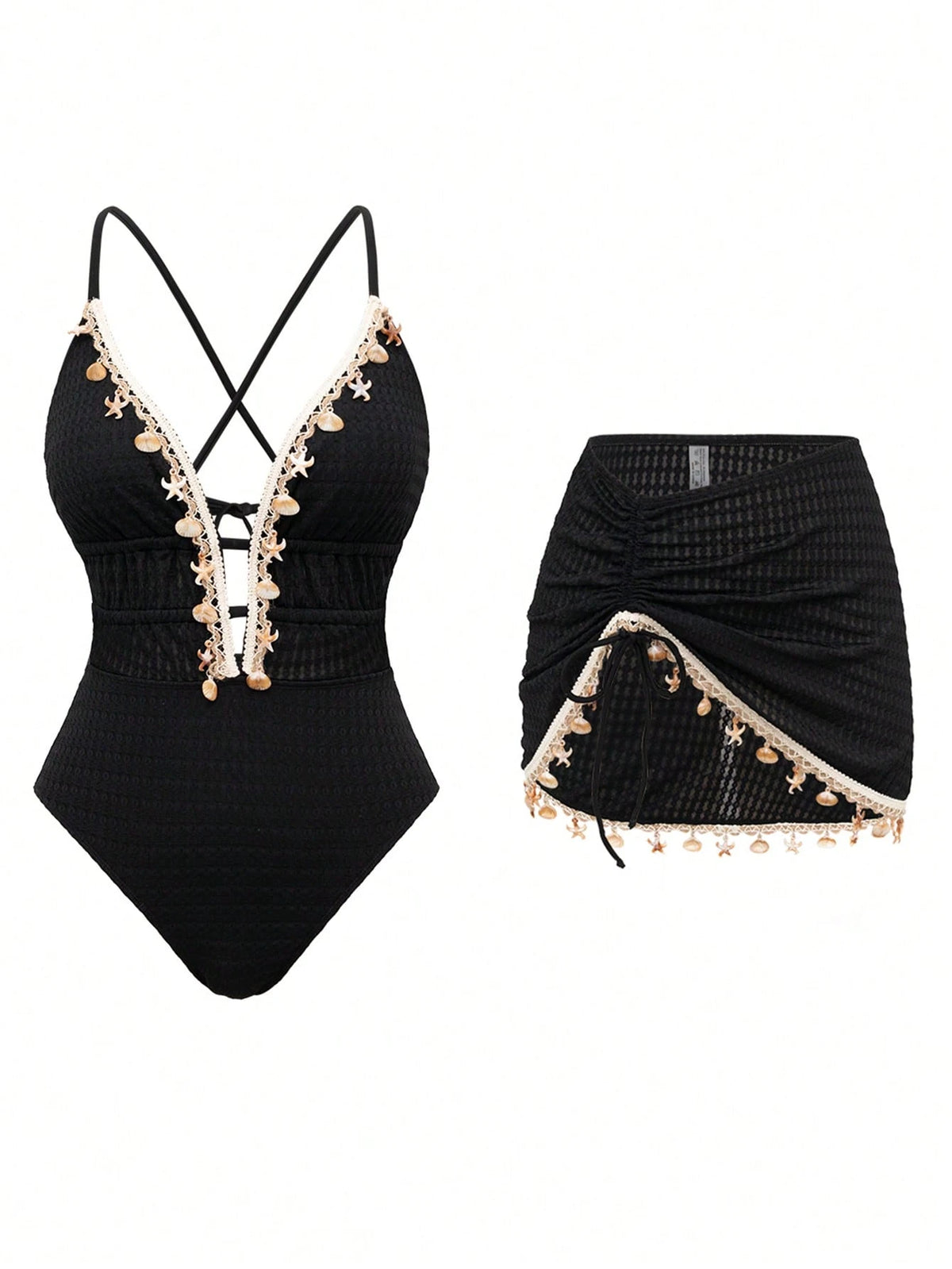 Swim Oasis Women Solid Color Spaghetti Strap Front Shell Chain Decor Two Pieces Swimsuit,Black And Beige,Summer,Casual,Beach,Holiday,Vacation,Holiday Pool Outfit