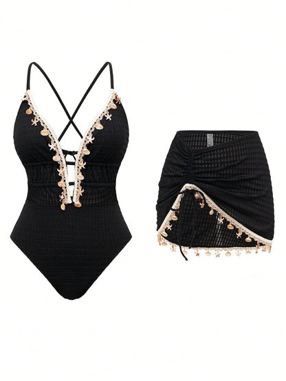 Swim Oasis Women Solid Color Spaghetti Strap Front Shell Chain Decor Two Pieces Swimsuit,Black And Beige,Summer,Casual,Beach,Holiday,Vacation,Holiday Pool Outfit