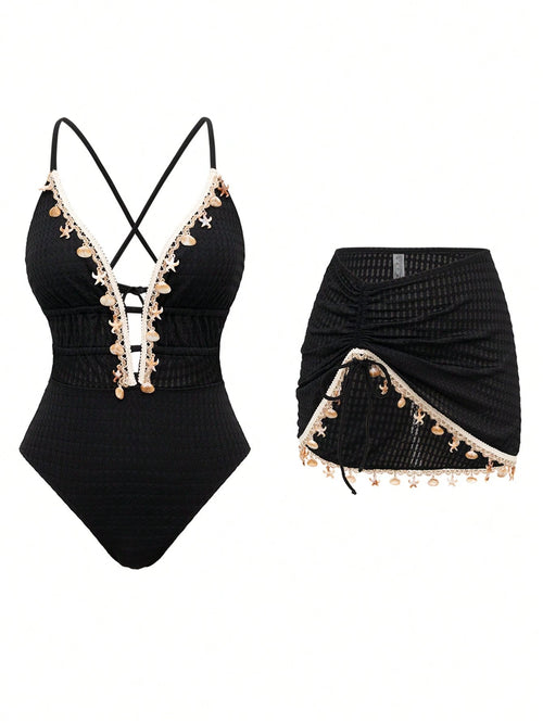 Swim Oasis Women Solid Color Spaghetti Strap Front Shell Chain Decor Two Pieces Swimsuit,Black And Beige,Summer,Casual,Beach,Holiday,Vacation,Holiday Pool Outfit