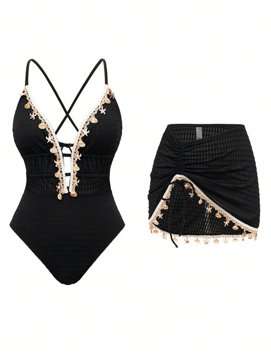Swim Oasis Women Solid Color Spaghetti Strap Front Shell Chain Decor Two Pieces Swimsuit,Black And Beige,Summer,Casual,Beach,Holiday,Vacation,Holiday Pool Outfit