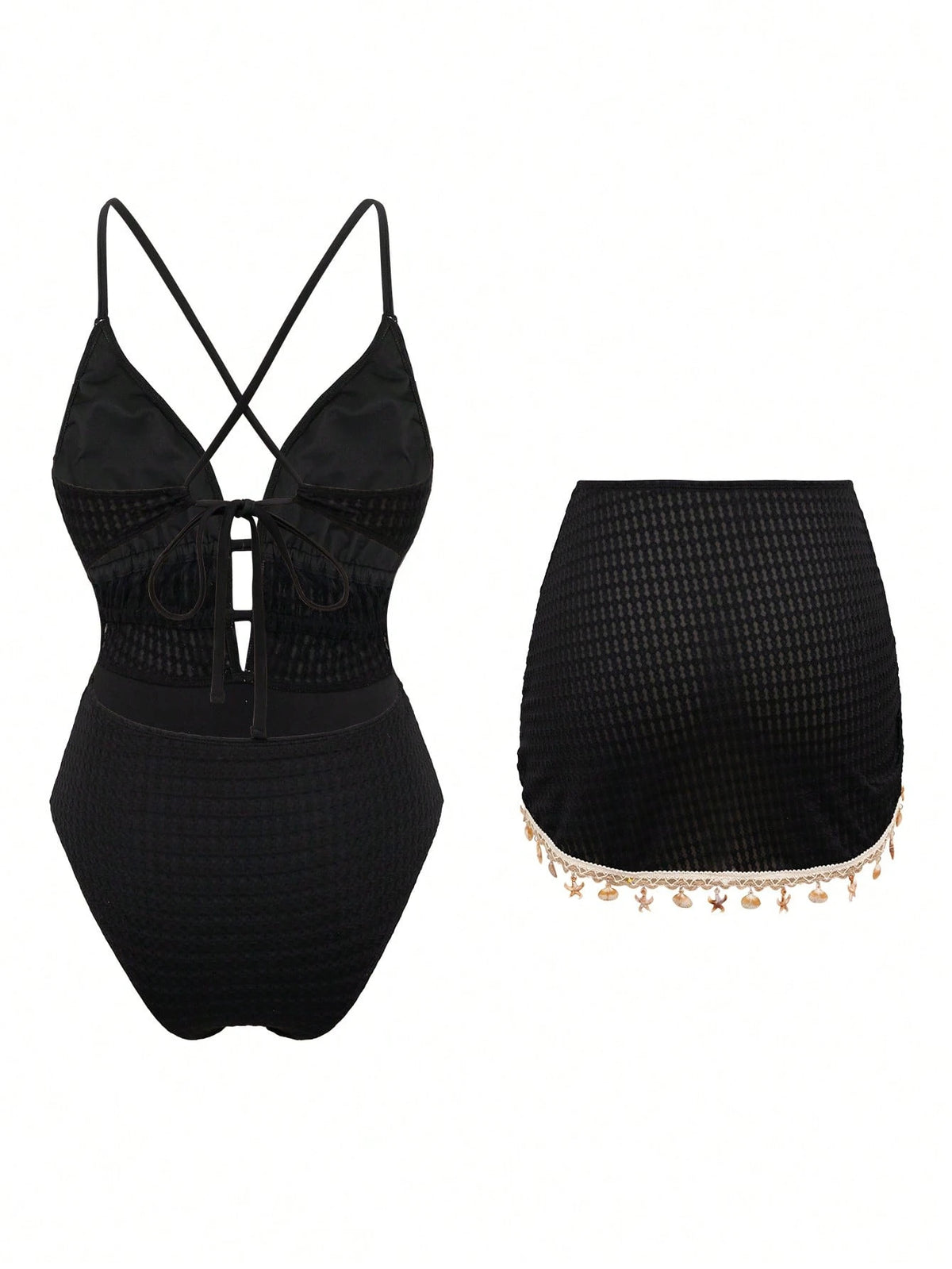 Swim Oasis Women Solid Color Spaghetti Strap Front Shell Chain Decor Two Pieces Swimsuit,Black And Beige,Summer,Casual,Beach,Holiday,Vacation,Holiday Pool Outfit