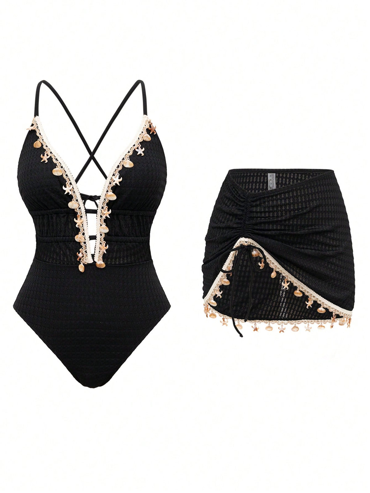 Swim Oasis Women Solid Color Spaghetti Strap Front Shell Chain Decor Two Pieces Swimsuit,Black And Beige,Summer,Casual,Beach,Holiday,Vacation,Holiday Pool Outfit