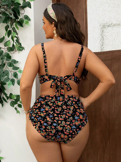 Swim Plus Size Adjustable Underwire Ditsy Floral Printed Swimwear Set For Vacation For Summer