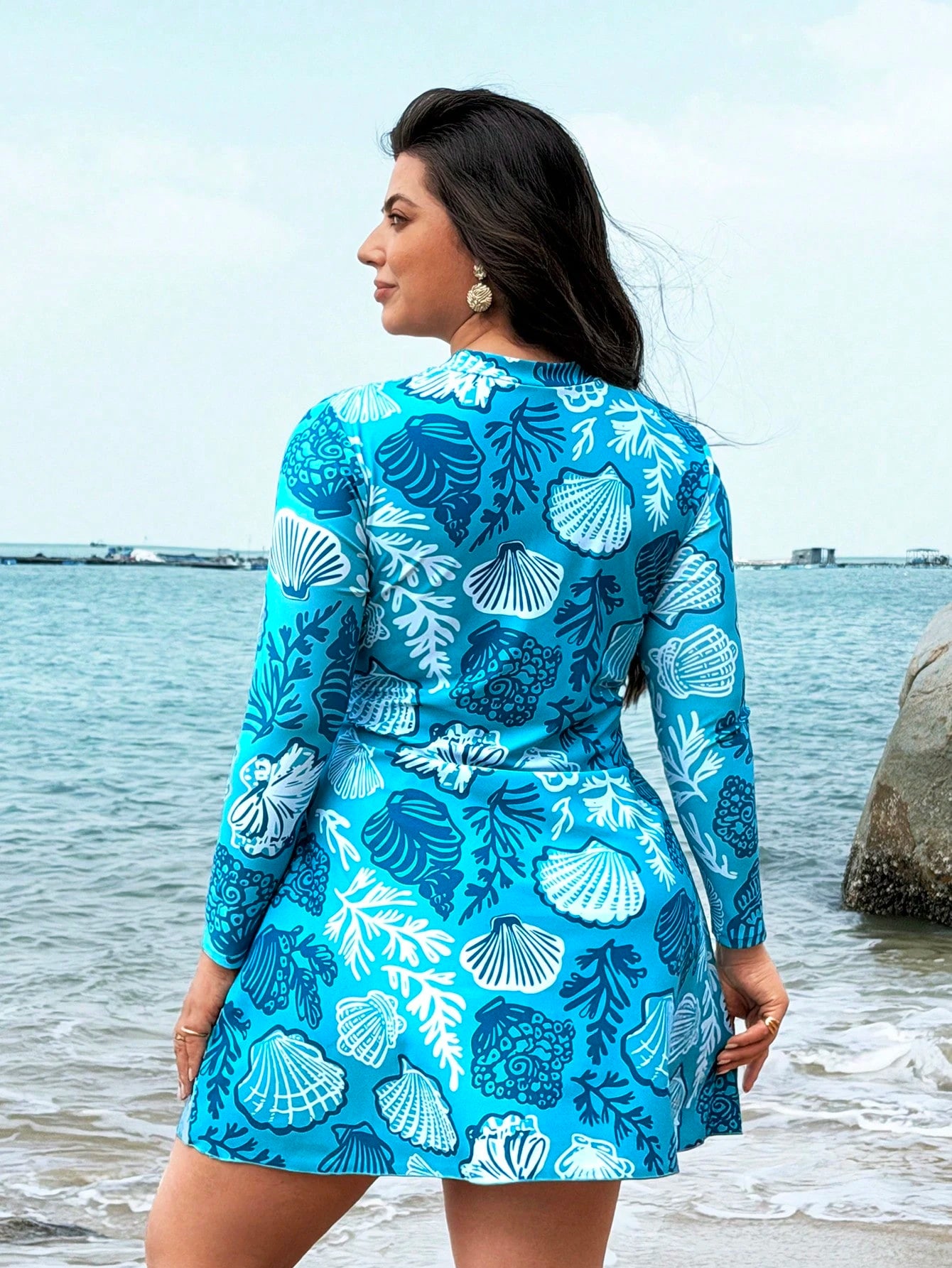 Swim Shayni 2026 New Plus Size Women Beach Vacation Seashell & Starfish Print Swimwear Top Cover Up Beach Wear Curve