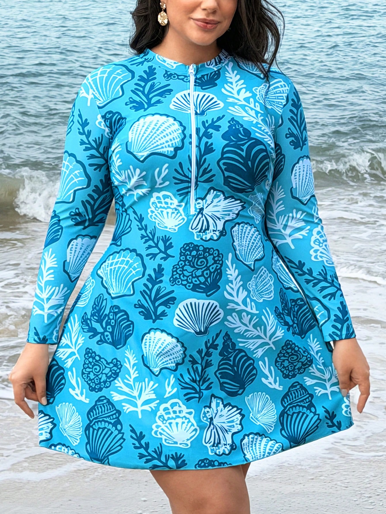 Swim Shayni 2026 New Plus Size Women Beach Vacation Seashell & Starfish Print Swimwear Top Cover Up Beach Wear Curve
