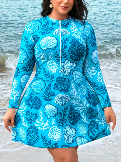 Swim Shayni 2026 New Plus Size Women Beach Vacation Seashell & Starfish Print Swimwear Top Cover Up Beach Wear Curve