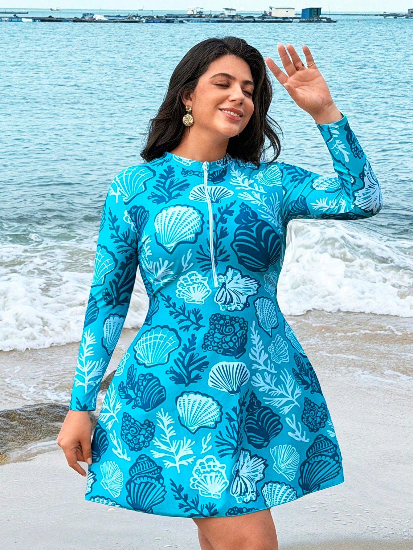 Swim Shayni 2026 New Plus Size Women Beach Vacation Seashell & Starfish Print Swimwear Top Cover Up Beach Wear Curve