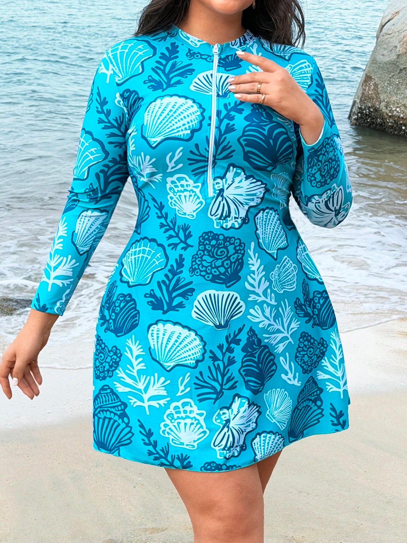 Swim Shayni 2026 New Plus Size Women Beach Vacation Seashell & Starfish Print Swimwear Top Cover Up Beach Wear Curve
