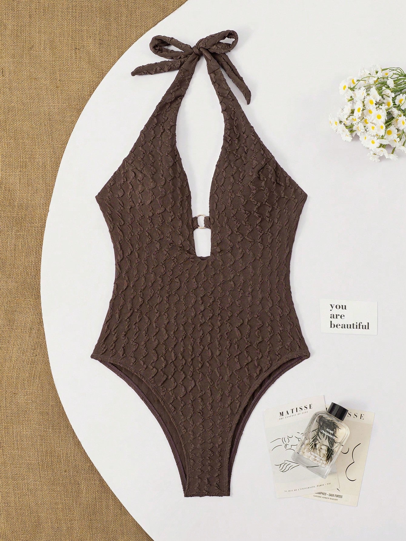 Swim SXY 2026 Hot-Selling European And American Style Brown Jacquard Halter Neck Metal Round Ornament One-Piece Beach Swimsuit