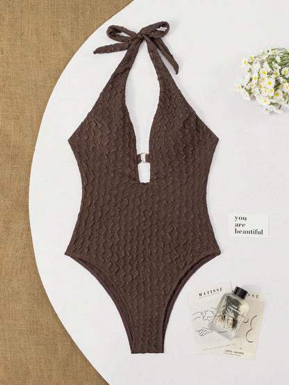 Swim SXY 2026 Hot-Selling European And American Style Brown Jacquard Halter Neck Metal Round Ornament One-Piece Beach Swimsuit