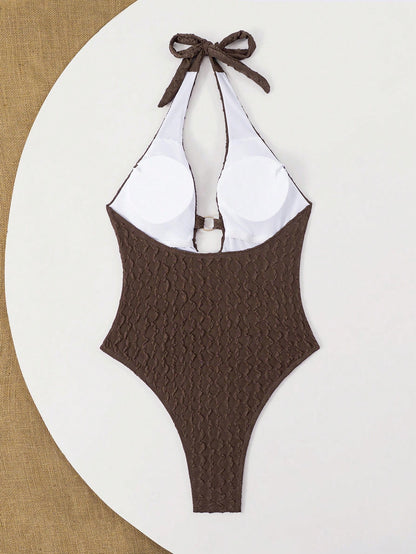 Swim SXY 2026 Hot-Selling European And American Style Brown Jacquard Halter Neck Metal Round Ornament One-Piece Beach Swimsuit