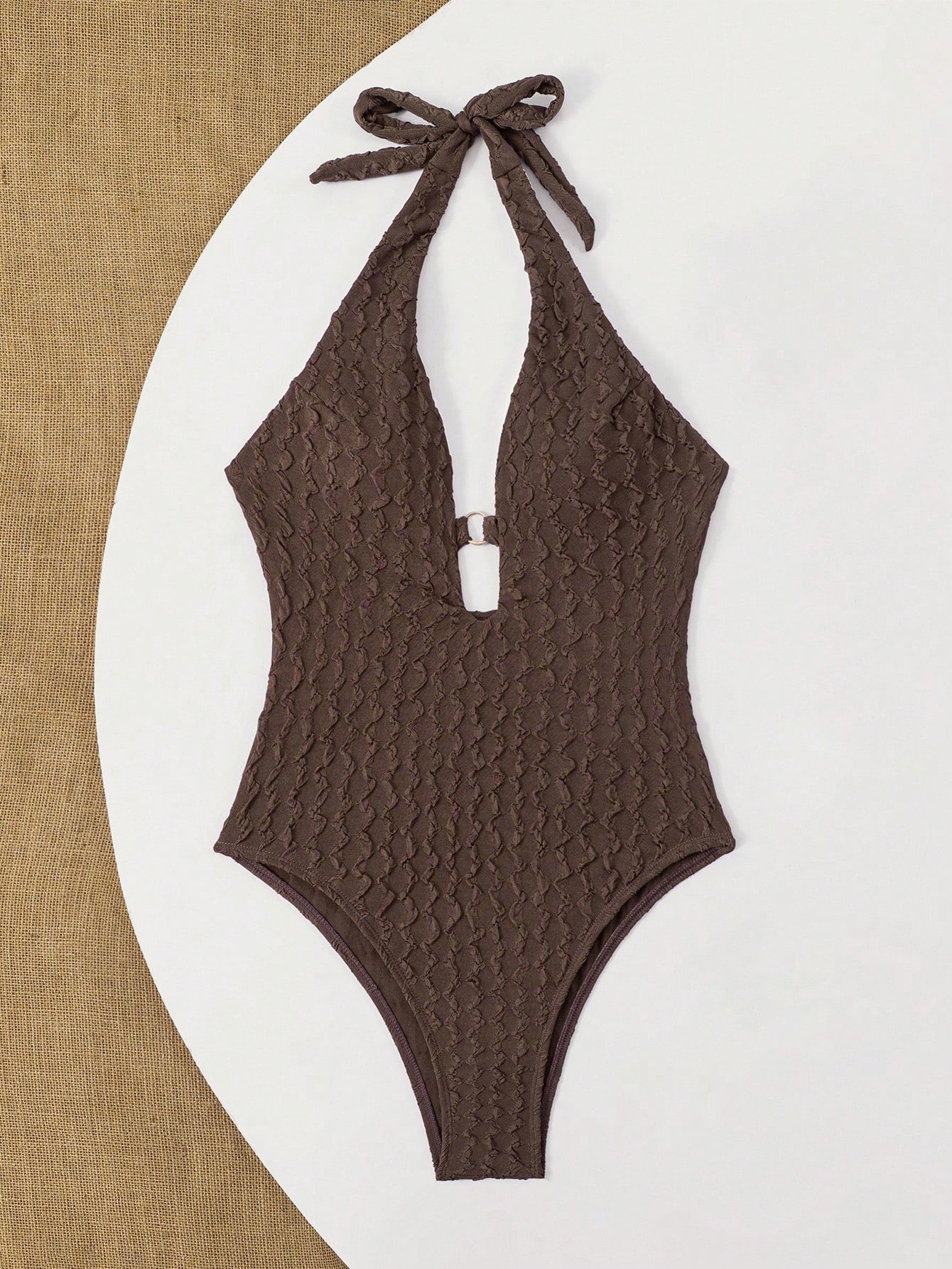 Swim SXY 2026 Hot-Selling European And American Style Brown Jacquard Halter Neck Metal Round Ornament One-Piece Beach Swimsuit