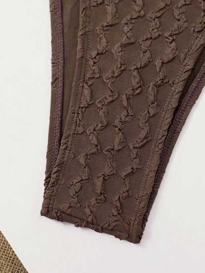 Swim SXY 2026 Hot-Selling European And American Style Brown Jacquard Halter Neck Metal Round Ornament One-Piece Beach Swimsuit