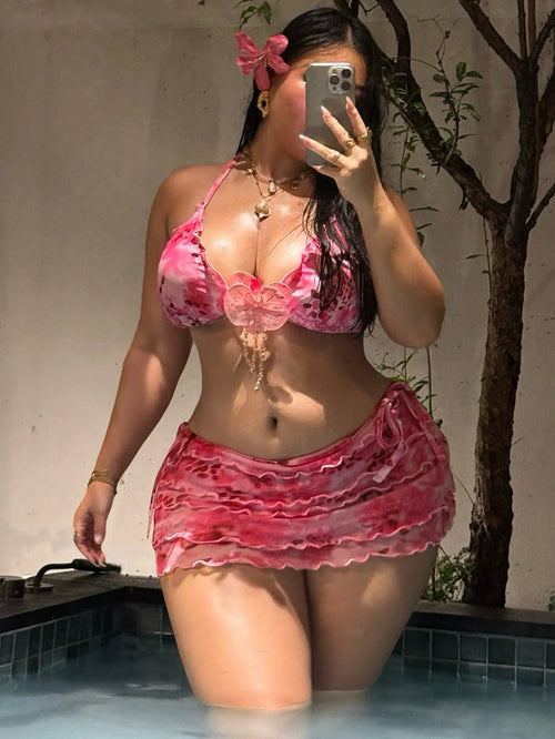 Swim SXY 2026 New Women's Plus Size Summer Fashion Bikini Set Set, Halter Neck Tie Triangle Top With 3D Floral Decor, Mesh Skirt, Fashion Print Casual Sexy Beach Party Vacation 3-Piece Bikini