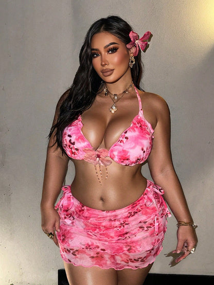 Swim SXY 2026 New Women's Plus Size Summer Fashion Bikini Set Set, Halter Neck Tie Triangle Top With 3D Floral Decor, Mesh Skirt, Fashion Print Casual Sexy Beach Party Vacation 3-Piece Bikini