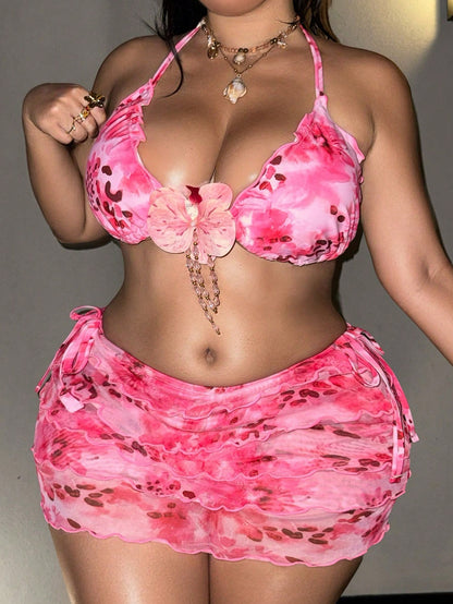 Swim SXY 2026 New Women's Plus Size Summer Fashion Bikini Set Set, Halter Neck Tie Triangle Top With 3D Floral Decor, Mesh Skirt, Fashion Print Casual Sexy Beach Party Vacation 3-Piece Bikini