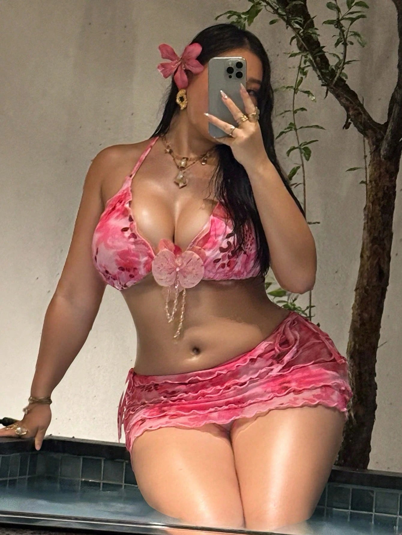 Swim SXY 2026 New Women's Plus Size Summer Fashion Bikini Set Set, Halter Neck Tie Triangle Top With 3D Floral Decor, Mesh Skirt, Fashion Print Casual Sexy Beach Party Vacation 3-Piece Bikini