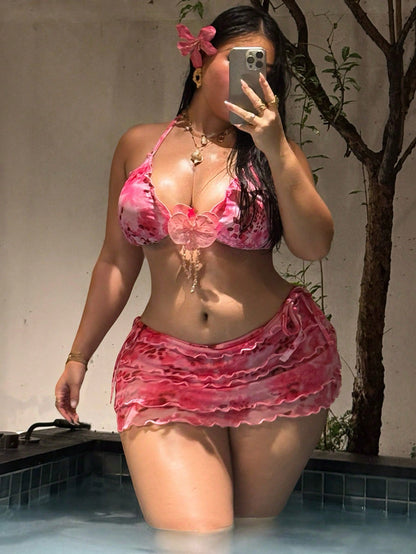 Swim SXY 2026 New Women's Plus Size Summer Fashion Bikini Set Set, Halter Neck Tie Triangle Top With 3D Floral Decor, Mesh Skirt, Fashion Print Casual Sexy Beach Party Vacation 3-Piece Bikini