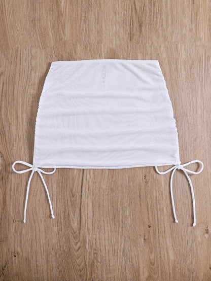 Swim SXY Summer Beach Solid Ruched Mesh Cover Up Skirt Without Bikini