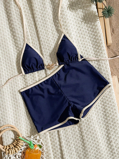 Swim SXY Summer Spring New Multi-Color Goose Yellow Textured Fabric Ocean Starfish Accessory Trim Straight Leg Pants Halter Neck Tie Women's 2-Piece Beach Vacation Swimsuit Set