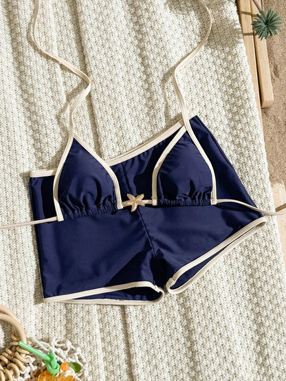 Swim SXY Summer Spring New Multi-Color Goose Yellow Textured Fabric Ocean Starfish Accessory Trim Straight Leg Pants Halter Neck Tie Women's 2-Piece Beach Vacation Swimsuit Set