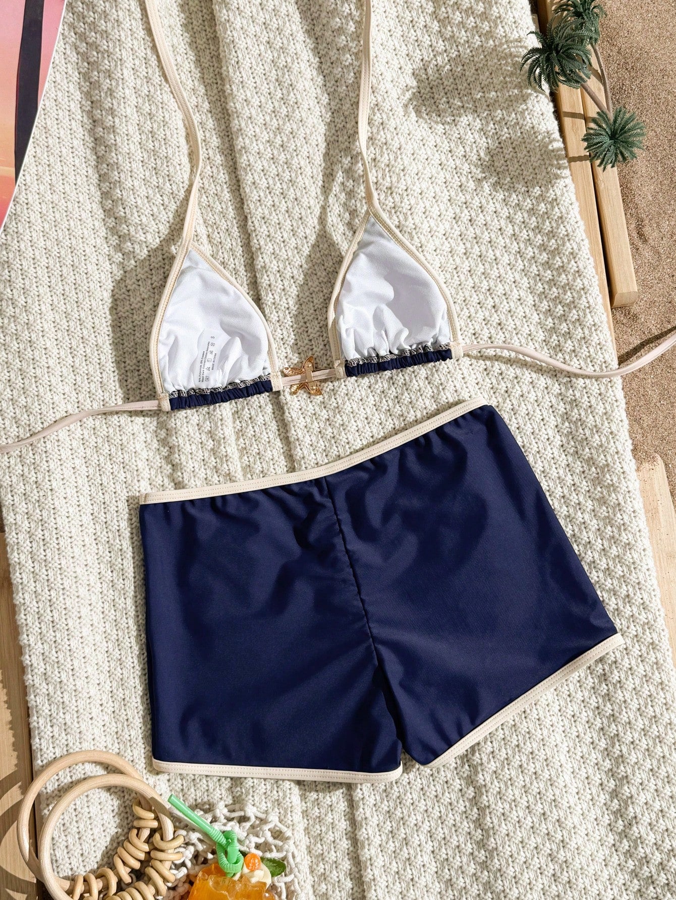 Swim SXY Summer Spring New Multi-Color Goose Yellow Textured Fabric Ocean Starfish Accessory Trim Straight Leg Pants Halter Neck Tie Women's 2-Piece Beach Vacation Swimsuit Set